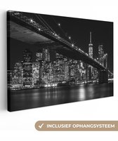 Photo noir et blanc du pont de Brooklyn à New York la nuit Toile 120x80 cm - Tirage photo sur toile (Décoration murale salon / chambre)