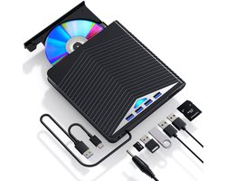 Deze 7-in-1 externe dvd-drive beschikt over een USB 3.0 Type-C-interface, een ingebouwde dvd-brander, vier USB-poorten en twee TF/SD-kaartsleuven. Hij is compatibel met Windows XP/7/8/10 en macOS en werkt met MacBooks, laptops en andere apparaten.