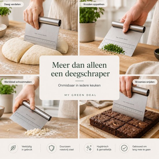 Collage van vier foto's: deeg snijden, kruiden hakken, werkblad schoonmaken en brownies snijden met een zilverkleurige deegschraper.