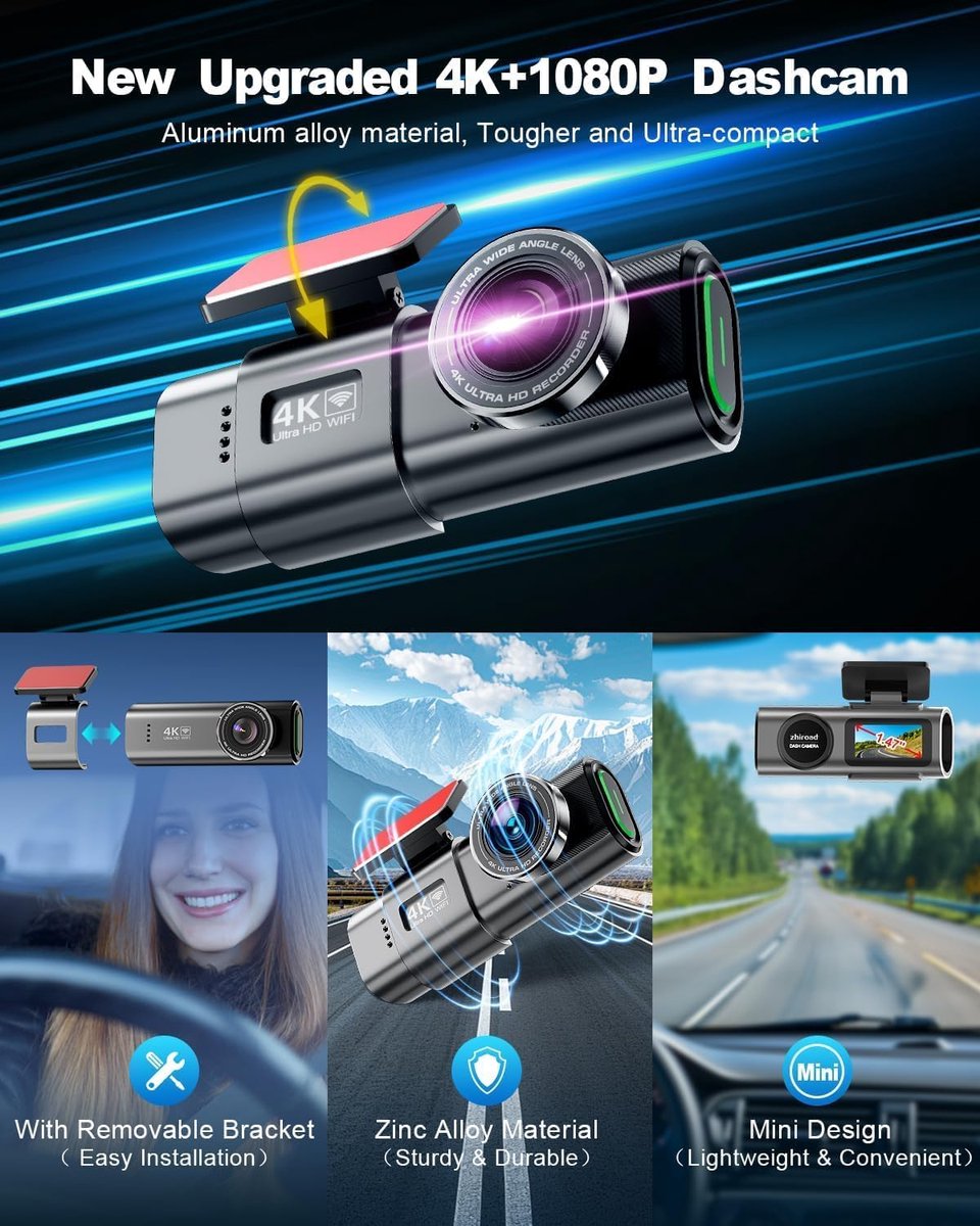 Dashcam auto 4K voor en achter – WiFi dashboardcamera met 64GB SD-kaart, G-sensor en nachtzicht – foto 5
