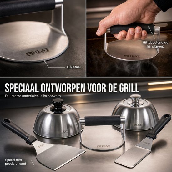 Close-up van een RVS burgerpers met hittebestendige handgreep en de tekst 'Dikte staal'.