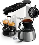 Wit Senseo koffiezetapparaat met twee glazen kopjes, een thermoskan en een filterhouder gevuld met koffie.