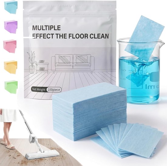 Stapels vloerreinigingsdoekjes in verschillende kleuren. Een blauwe doek lost op in een bekerglas met water. Een moppende vrouw op de achtergrond. Tekst: MULTIPLE EFFECT THE FLOOR CLEAN.
