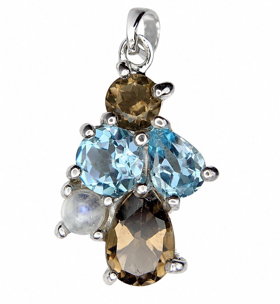 925 Zilveren Multicolor Edelsteen Hanger – Rhodium Plated Luxe Dames Kettinghanger met Blauwe Topaas & Natuurlijke Multi Stones