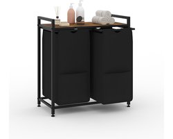 Wasmand 2 vakken, 97L wassorteerder, verrijdbare waswagen – voor wasruimte, slaapkamer, badkamer – zwart