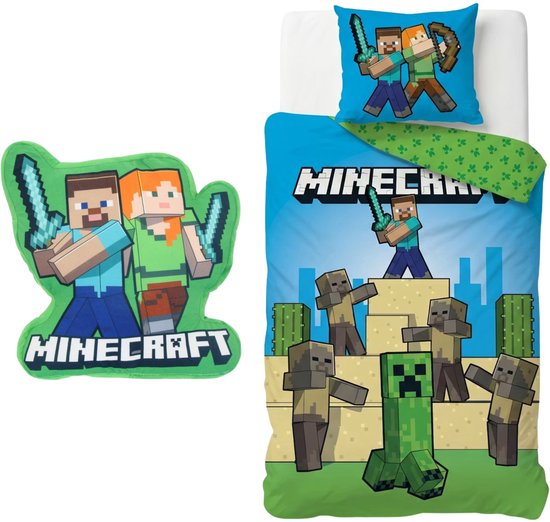 Minecraft dekbedovertrek en kussen: Steve, Alex, zombies en Creeper, met Minecraft-logo.