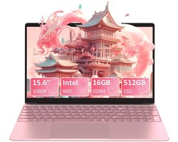 Auusda T152A - 15.6 inch roze laptop - N95 processor, 16GB RAM, 512GB NVMe SSD - Full HD scherm - Backlit toetsenbord - Vingerafdruksensor - WIFI5