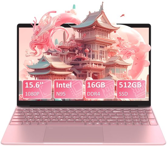 Auusda T152A - 15.6 inch roze laptop - N95 processor, 16GB RAM, 512GB NVMe SSD - Full HD scherm - Backlit toetsenbord - Vingerafdruksensor - WIFI5 - Auusda - Hoofdafbeelding