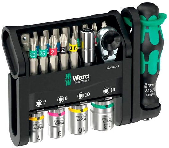 Wera Tool-Check Modular 1 gereedschapsset met ratel, bits en doppen in groen-zwarte koffer.
