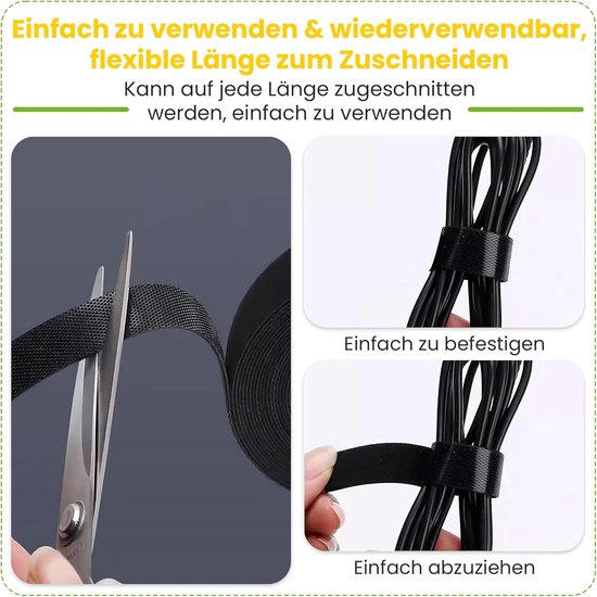 Afbeeldingen tonen hoe je het zwarte klittenband op maat knipt en gebruikt om kabels vast te zetten en te ontgrendelen.