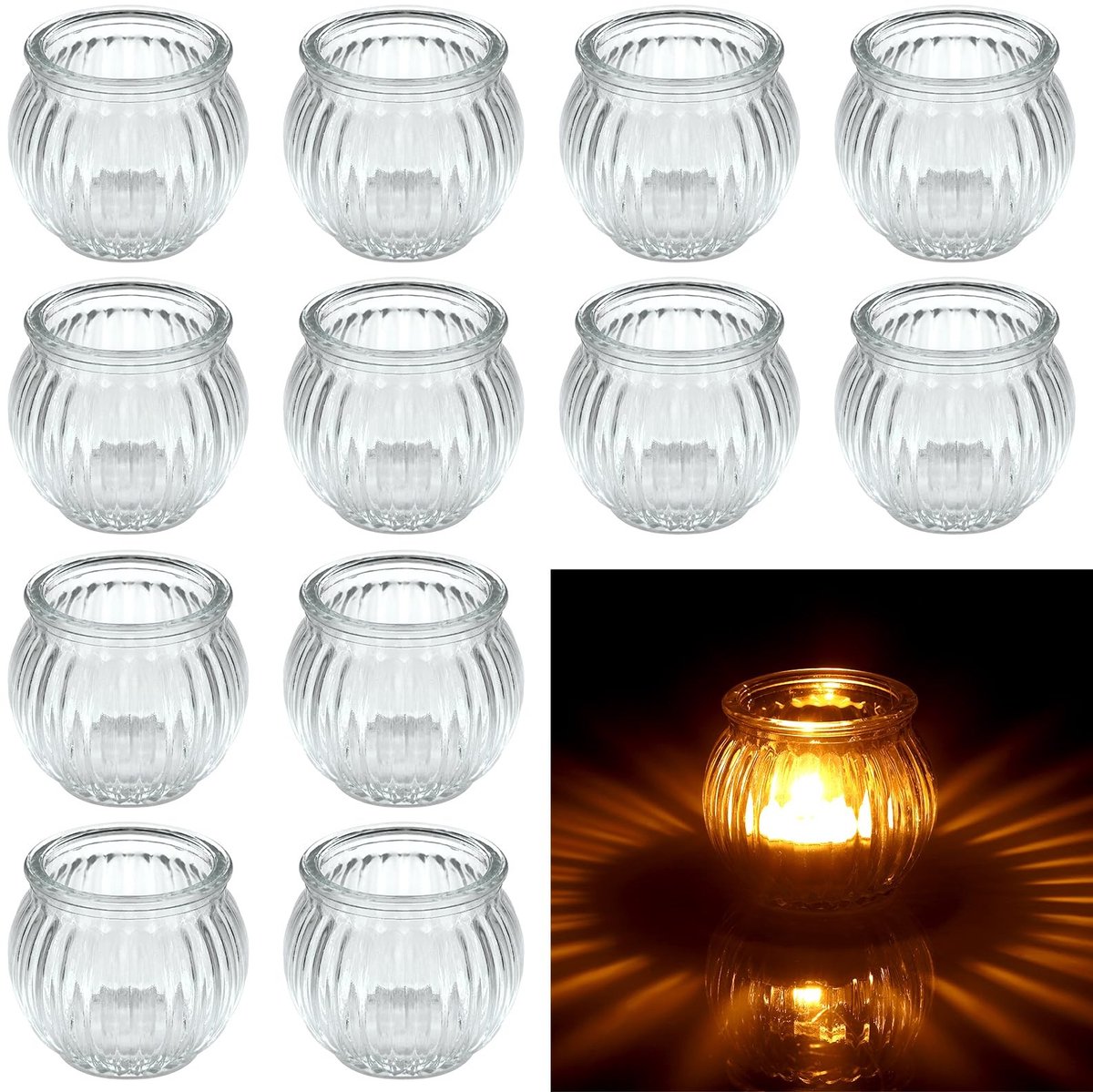 Dailygoods - Set van 12 Pompoenvormige Theelichthouders van Glas