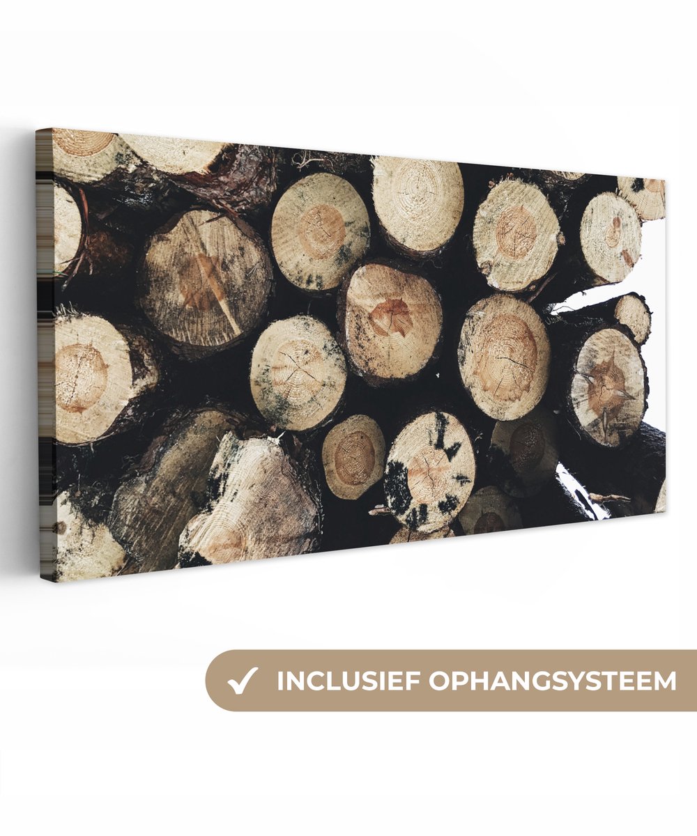 Canvas schilderij 40x20 cm - Wanddecoratie Hout - Winter - Haard - Boomstam - Muurdecorati