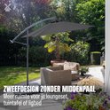 Grijze zweefparasol zonder middenpaal, boven een loungeset op een betegeld terras.