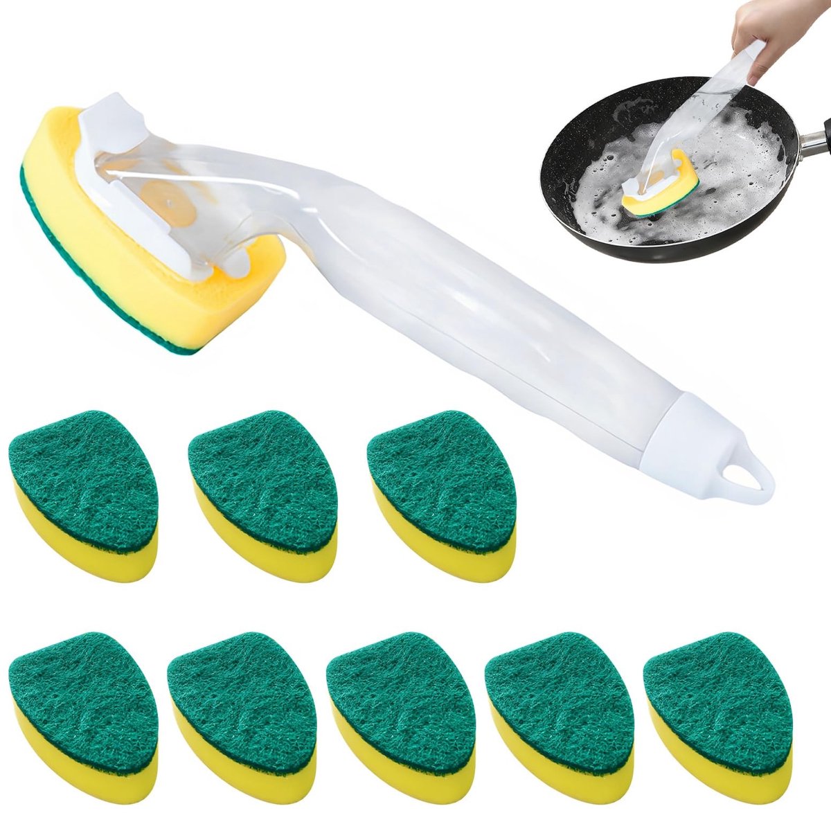 Dailygoods - Dailygoody - Vaatwasspons met Handvat - 10 Stuks - Scrub Spons voor Keuken - Zilver - Verwisselbare Sponskoppen - Geschikt voor Glas en Roestvrij