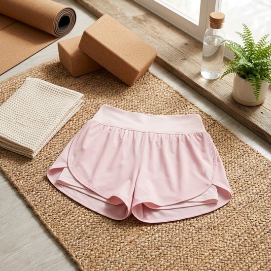 Roze sportshorts met hoge taille en binnenbroek, liggend op een jute mat naast yogablokken.