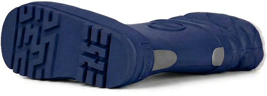 Donkerblauwe regenlaars van rubber met een profielzool, draadlus en een reflecterende strip.