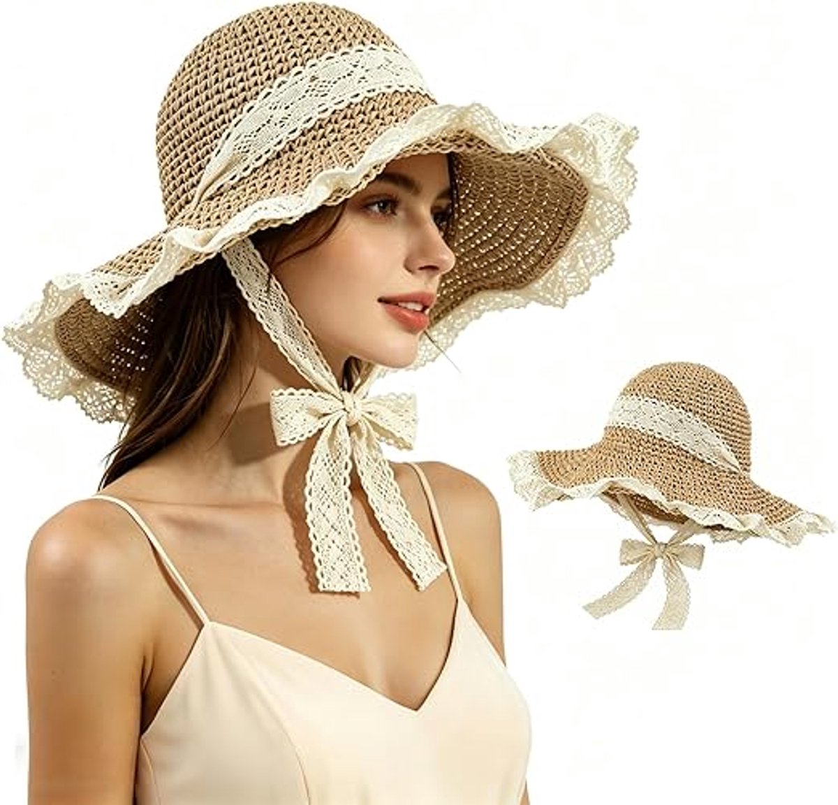 Zonnehoed dames - Hoed - strohoed met brede rand - kanten afwerking en strik - opvouwbare zomerstrandhoed voor op reis - 58—60cm