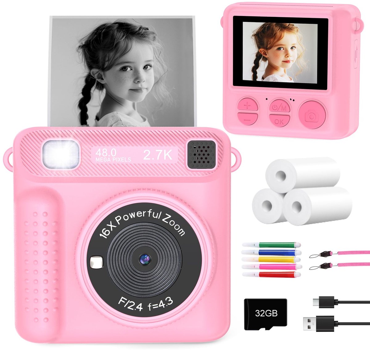 Instantcamera voor kinderen met 32 GB SD-kaart - Draagbare reiscamera voor peuters - Kerst- en verjaardagscadeaus voor meisjes en jongens - Roze