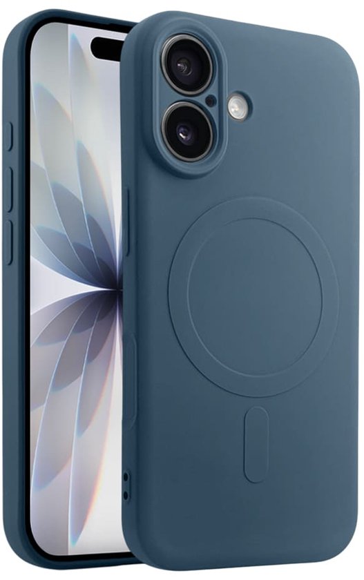 Blauw siliconen telefoonhoesje voor MagSafe iPhone met camera-uitsnijding en magnetische cirkel.