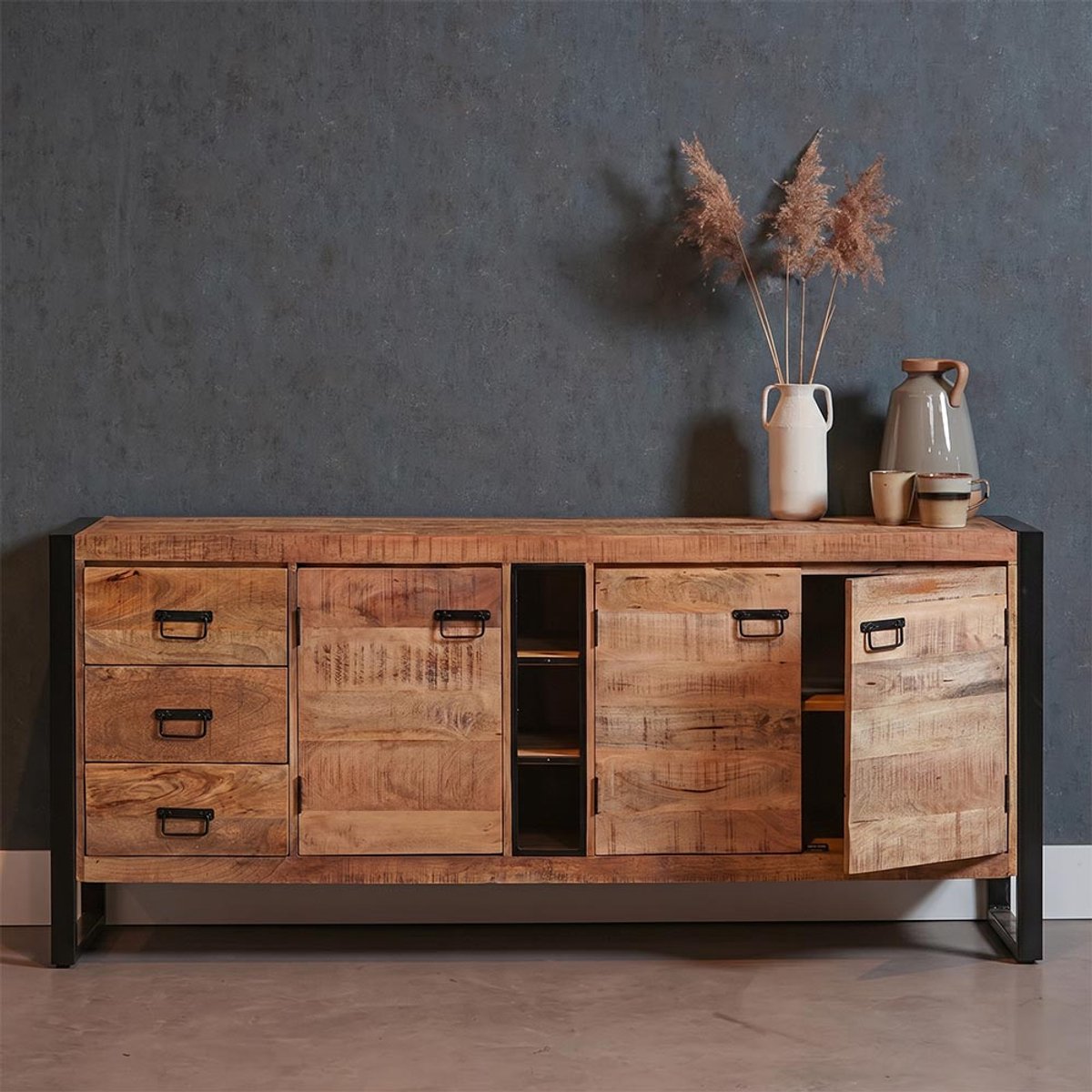 Mangohouten Dressoir Stockton 200 cm Mahom Industrieel - Dressoir van Mangohout & Metaal - Industriële Dressoir