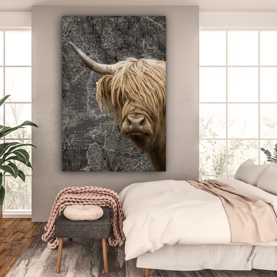 Décoration murale - Highlander écossais - Vaches - Carte du Wereldkaart - Peinture sur toile - 120x180 cm