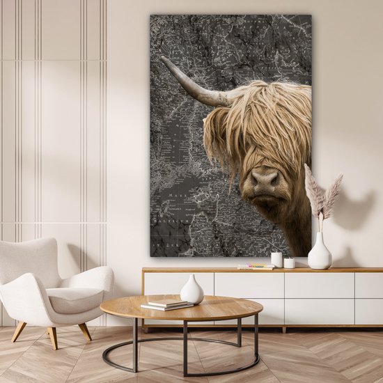 Décoration murale - Highlander écossais - Vaches - Carte du Wereldkaart - Peinture sur toile - 120x180 cm