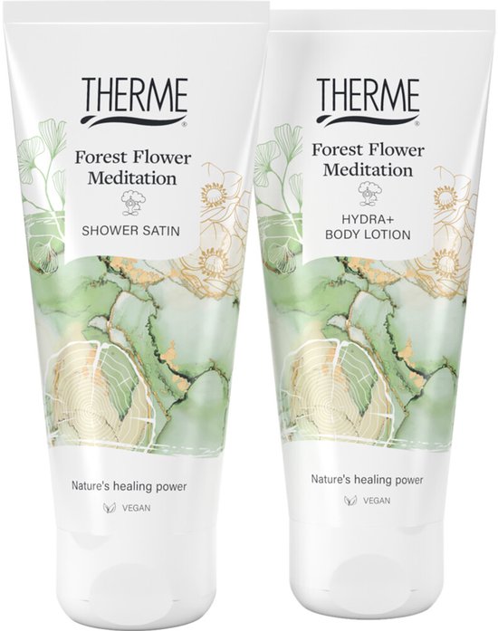 Twee tubes Therme Forest Flower Meditation: Shower Satin en Hydra+ Body Lotion, met groene en gouden marmerprint.