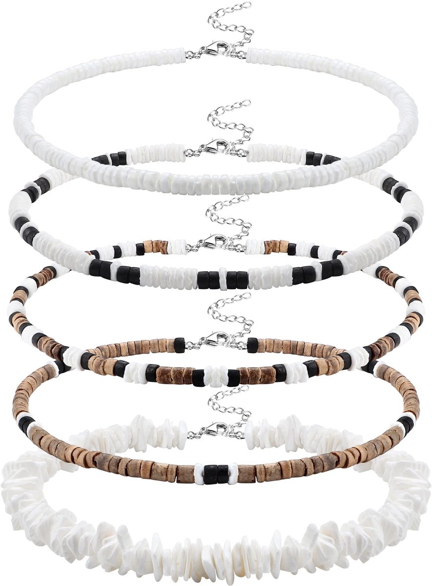 Dailygoods - Set van 5 Puka Schelp Kettingen voor Mannen
