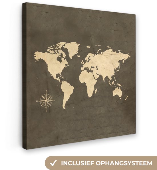 Carte du monde détaillée style vintage avec boussole, sur toile gris foncé. Système de suspension inclus.