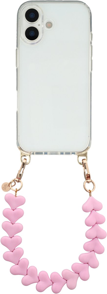 Selencia Transparant Hoesje met Haakjes inclusief Hartjes Polskoord - Geschikt voor Apple iPhone 17 - Cotton Candy