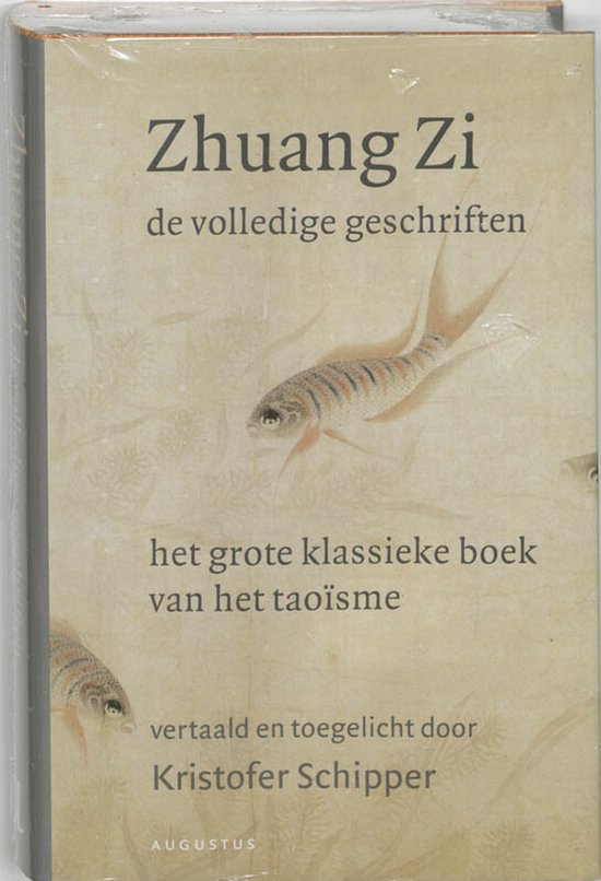 Boek met de titel 'Zhuang Zi de volledige geschriften'. Beige kaft met illustraties van vissen en Chinese tekst.