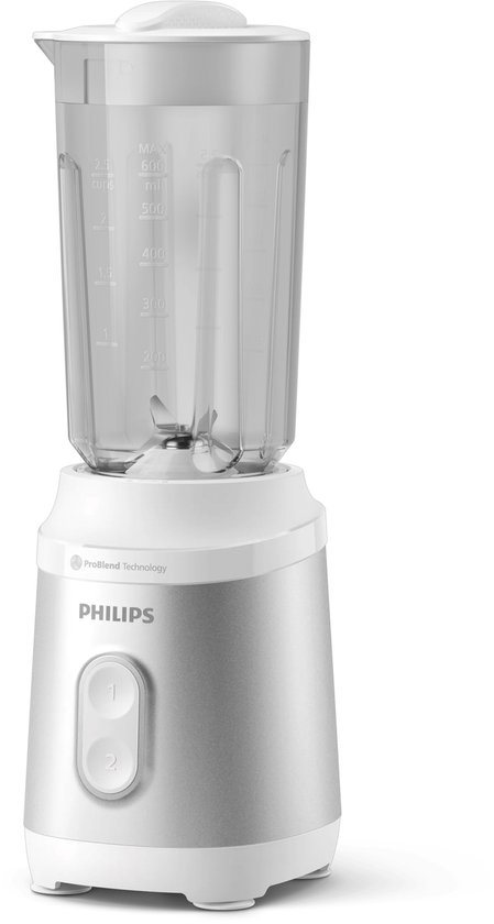 Zilverkleurige Philips blender met witte basis en kan. Wit bedieningspaneel met 2 knoppen.