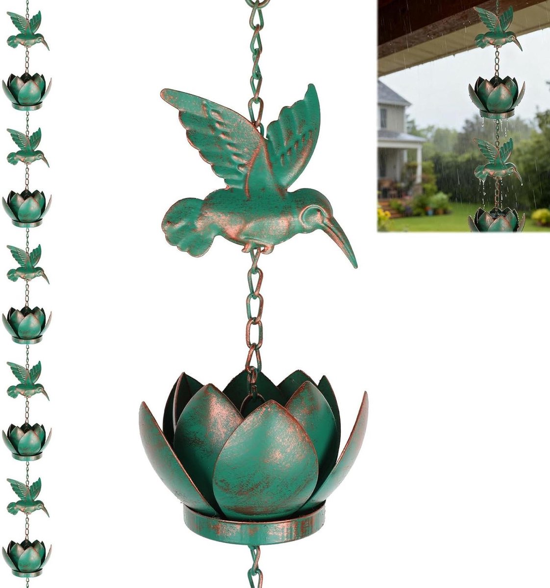 Regenketting - Waterafvoer - Tuindecoratie - Met vogels - 2.4 meter - Groen