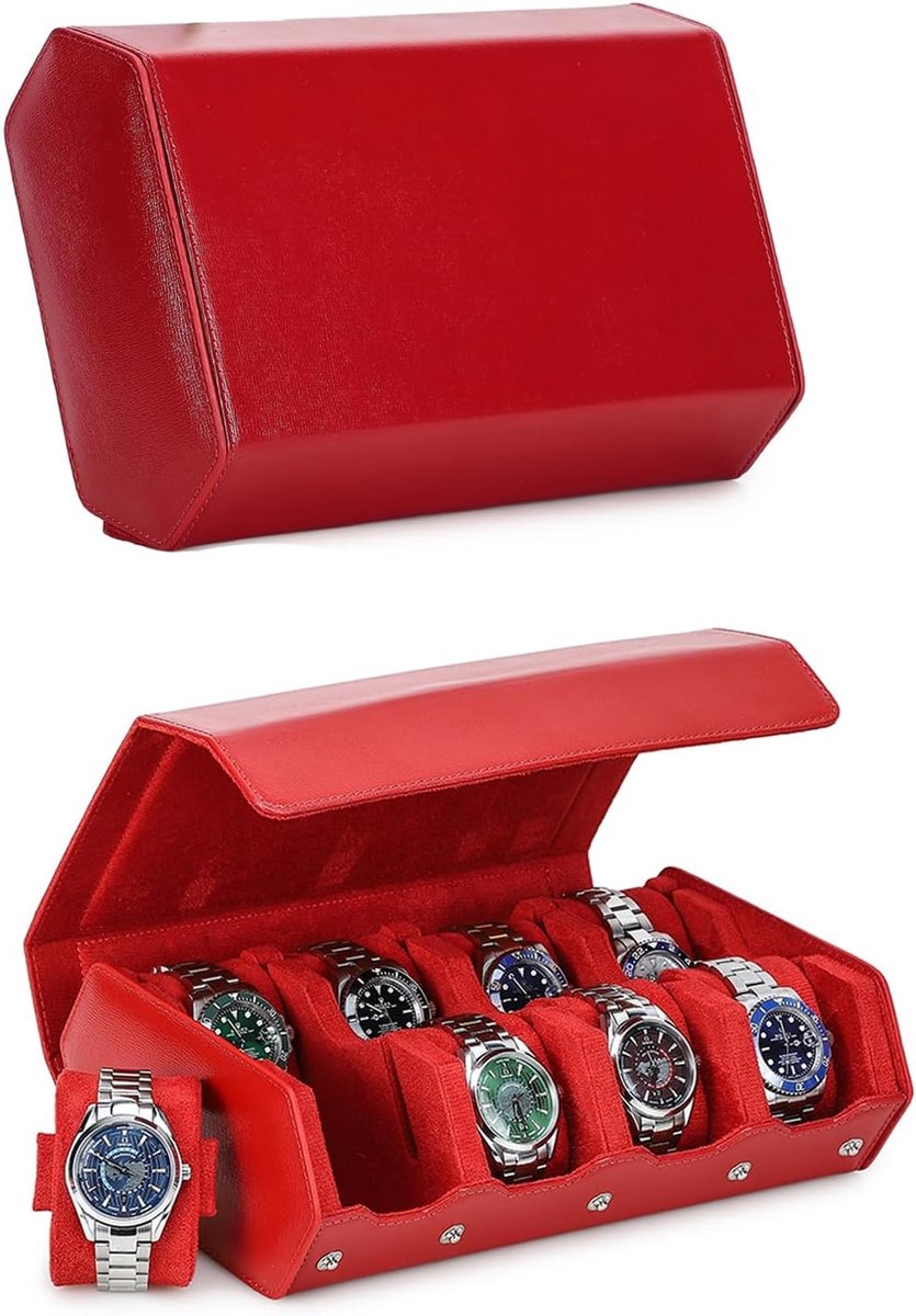 Zeshoekige horlogedoos van echt leer met 8 vakken, beschermende opbergdoos voor 8 horloges, opbergdoos voor herenhorloges (rood)