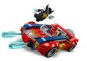 Rode LEGO auto met Spiderman en Wolverine-figuur, met blauwe en gouden accenten. Twee lichtblauwe uitlaatpijpen.