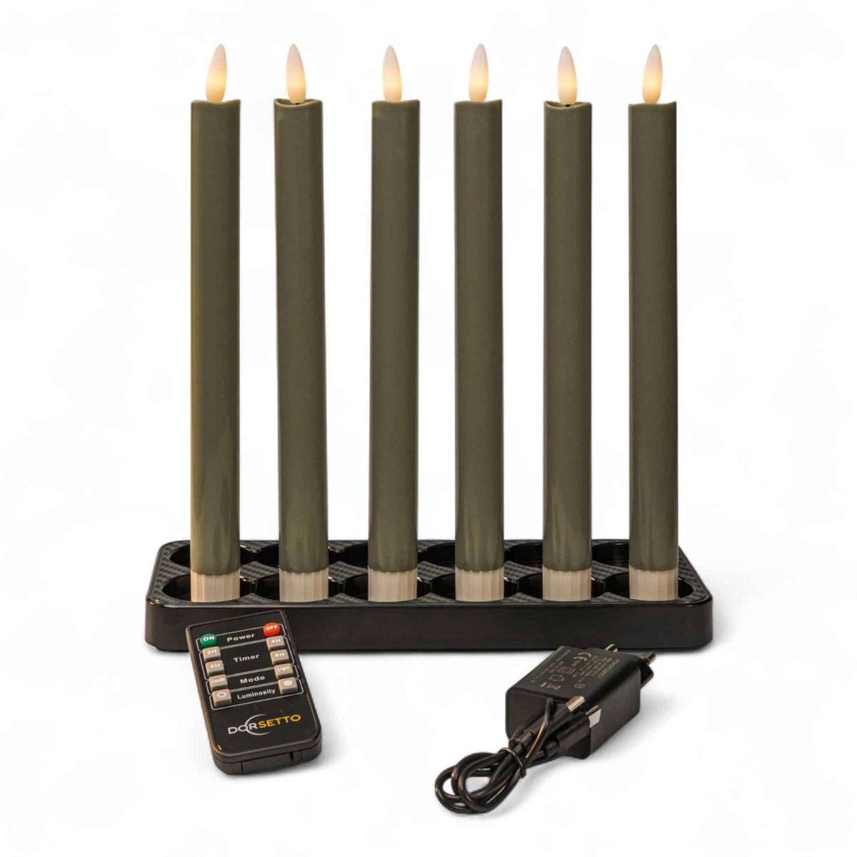 Dinerkaarsen LED olijfgroen 250 mm, oplaadbaar, tot 400 uur brandduur, set van 6