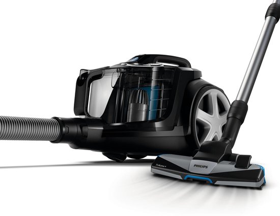 Philips PowerPro Expert stofzuiger met slang en mondstuk op witte achtergrond.