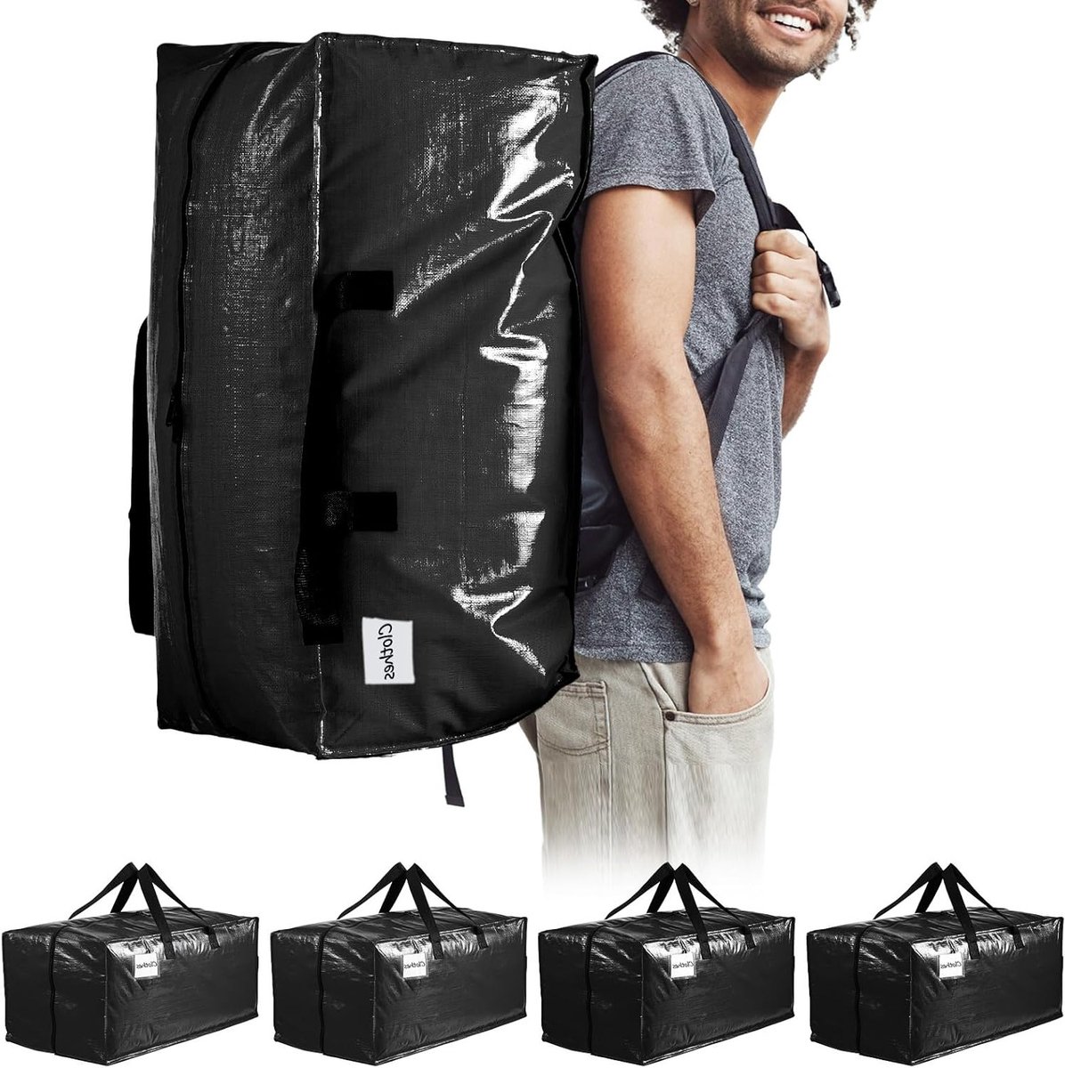 Extra grote stevige verhuiszakken met rits en sterke handvatten, ideaal voor kledingopslag, camping en als alternatief voor dozen (4 stuks)