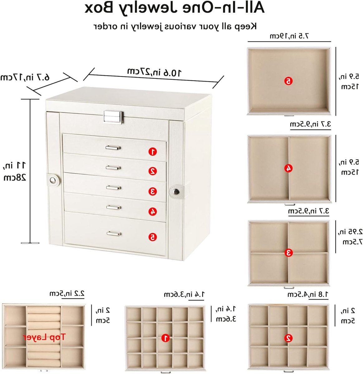 Grote Sieradenbox met 6 Lagen van PU Leer, Multifunctionele Organizer met Slot en 5 Lades voor Oorbellen, Kettingen en Horloges (Wit)