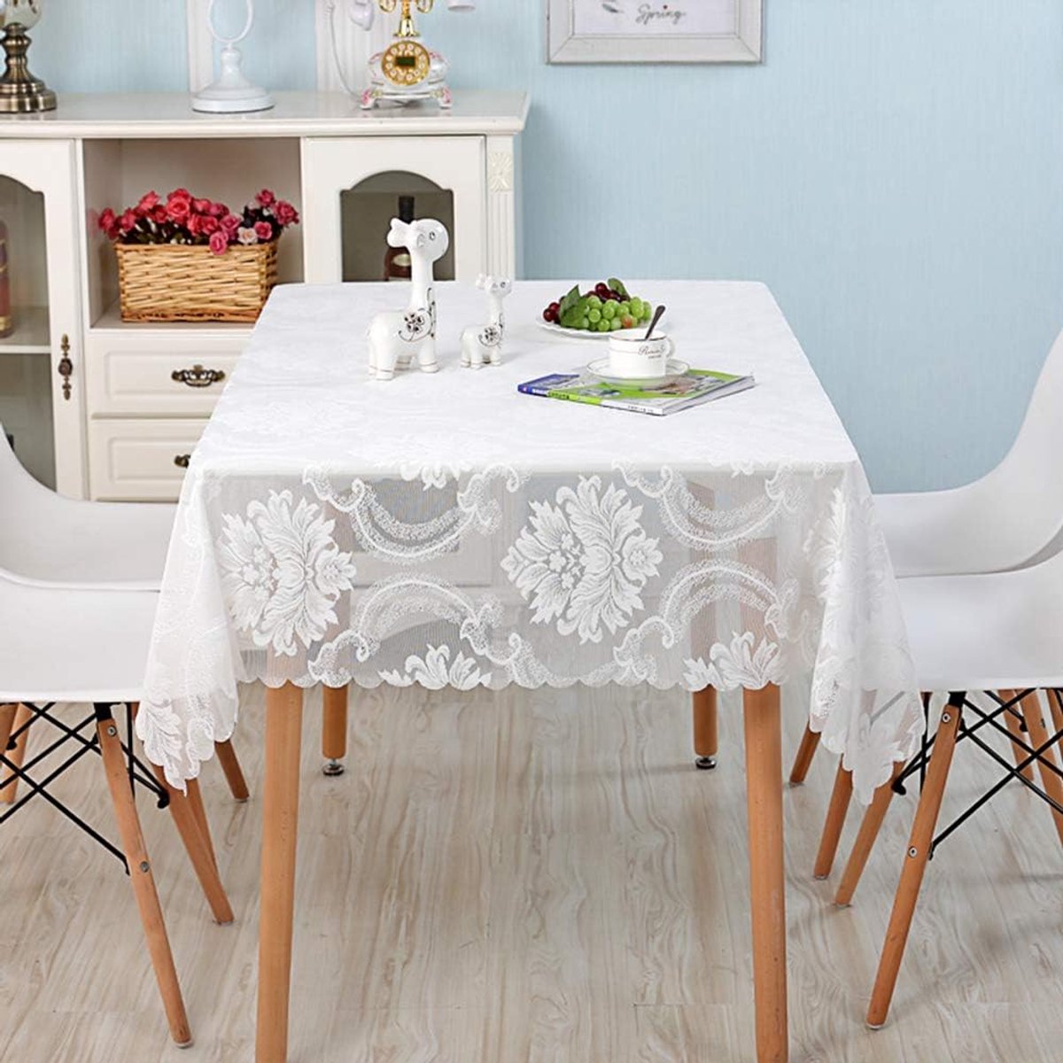 Tafelkleed - Decoratief Kleed - Eetkamer Decoratie - Bloemen Borduurwerk - 90x160cm - Wit