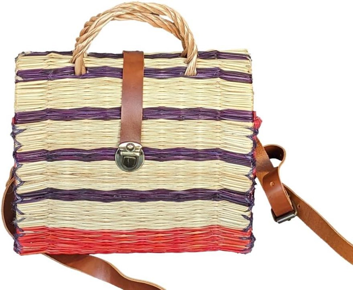 Portugese mand - Riet mand - Boodschappen doen - Met sluiting - 25 cm - Gestreept