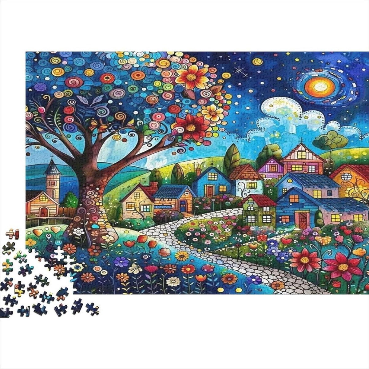 Sprookjesdorp Puzzel - Landschap Spel - Ontspanning Decoratie - Gerecycled Materiaal - 1000 Stukjes - Kleurrijk