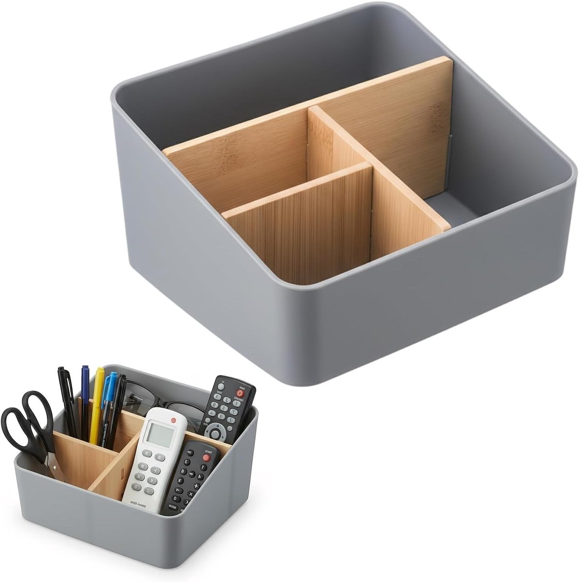 Multifunctionele Houten Bureau Organizer met 4 Compartimenten voor Cosmetica, Afstandsbedieningen en Kleine Voorwerpen (Grijs)