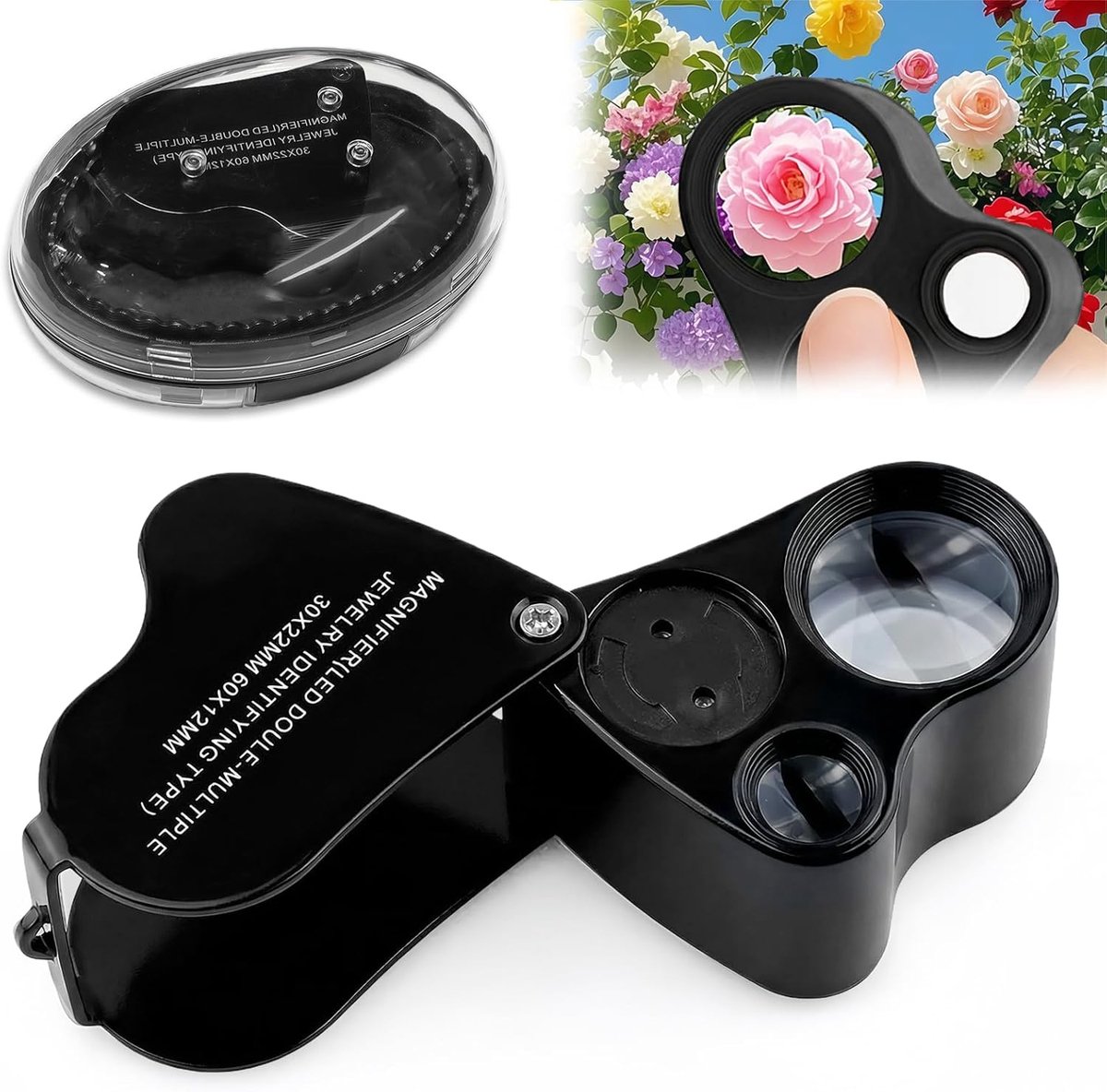 carmdering - Juwelier Lupe - Vergrootglas Voor Sieraden - Dubbele Lens Loupe - 30X En 60X Vergroting - Dual LED Verlichting - Metaal Constructie - Draagbaar Design - Ideale Inspectie Tool - 1 Stuk-zwart