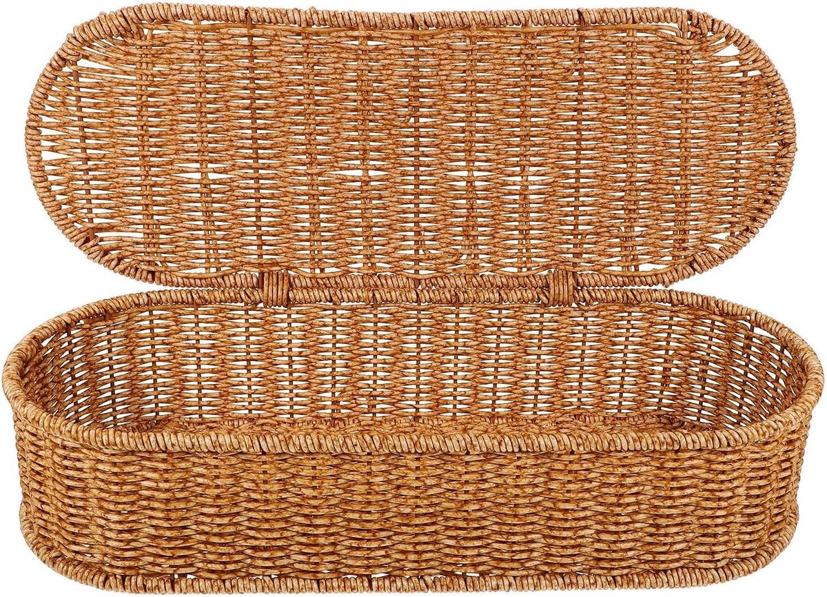 Opbergdoos Ovaal - Geweven Mand - Bureau Ordenen - Imitatie Rotan - 38x14x9 cm - Bruin