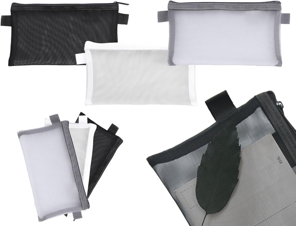 Set van 3 Doorzichtige Pennenhouders in Zwart, Grijs en Wit - Nylon Mesh Etui voor Studenten en Volwassenen, Ideaal voor School en Kantoor