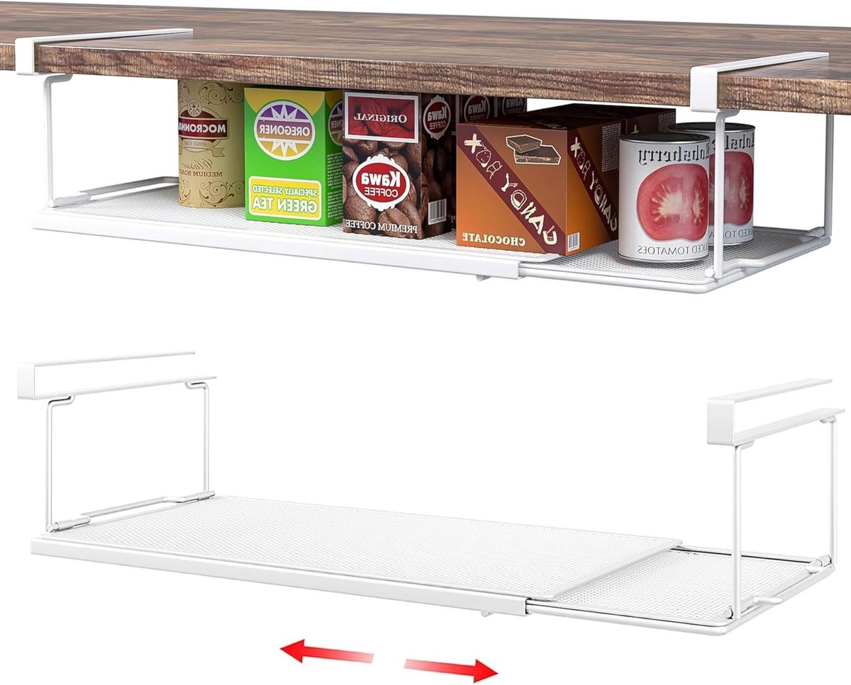 Uitbreidbare metalen onderplank organizer voor keukenopslag, hangend systeem voor kast en closet, wit, multifunctioneel en ruimtebesparend
