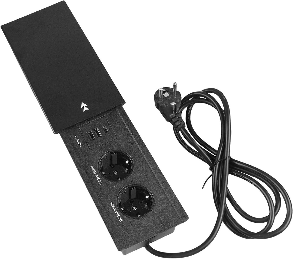Inbouw Tafelstopcontact met Deksel: Aluminium Tafelblad, 2 Stopcontacten, 2 USB Aansluitingen en Type C, Ideaal voor Bureau en Keuken, 1.8 m Kabel