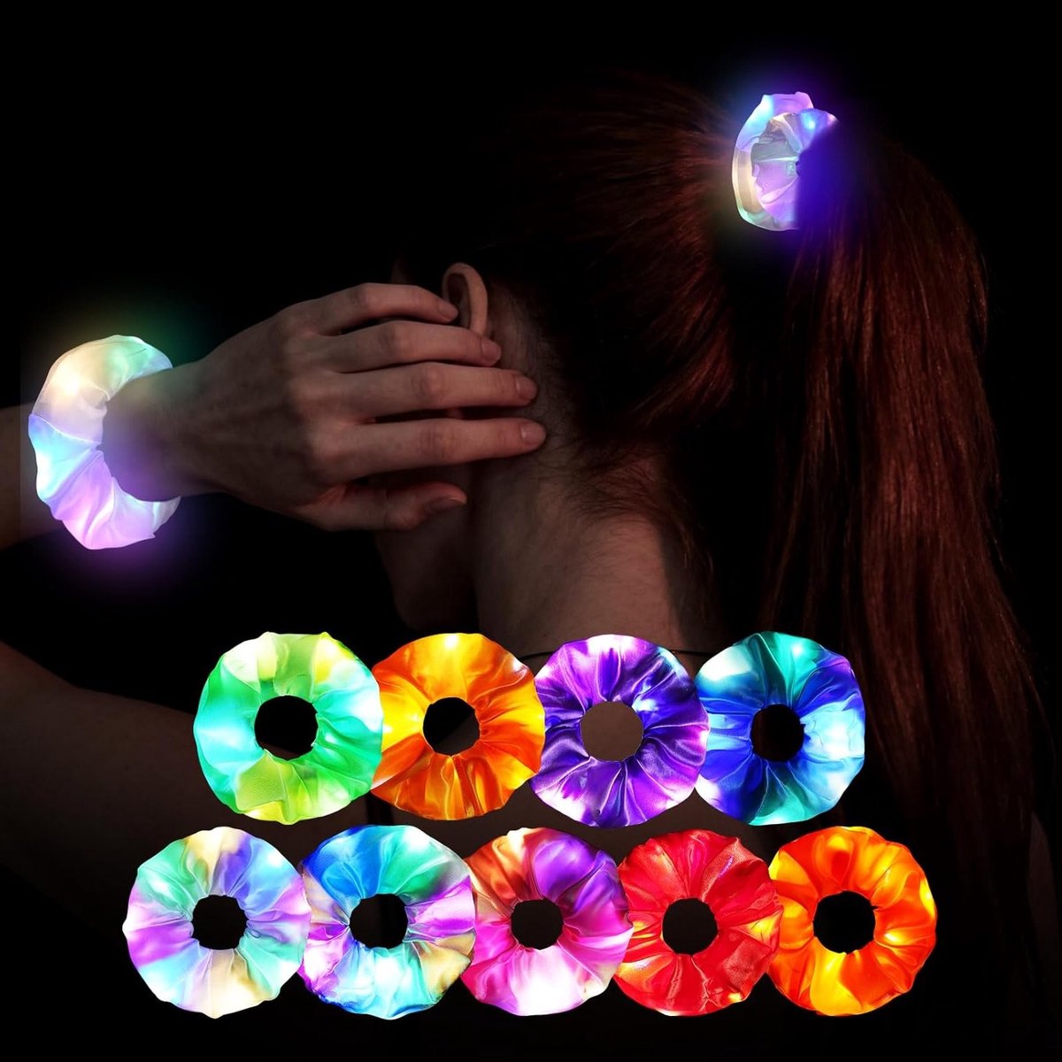 Kleurrijke LED Haar Scrunchies - 9 Stuks met Lichtgevende Effecten, Zacht Elastisch, Ideaal voor Feestjes, Halloween en Concerten