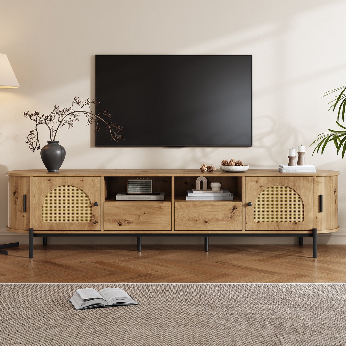 VVBV TV Meubel – TV Kast met Opbergruimte, Lades en Schuifdeuren – Metaal – Natuurlijk Hout – Rattan Front – Voor Woonkamer – Hoogglans Natural